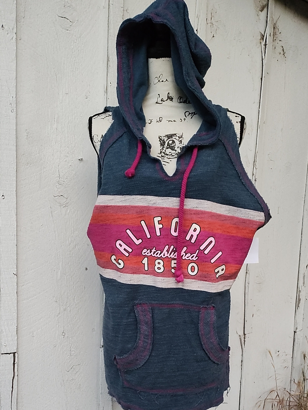 Sleeveless California Est 1850 Hoodie Tank Navy with Pink Stripe Size L Thrashed